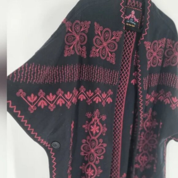Johnny Was Embroidered Open Front Kimono Black Fuchsia Bohemian Cotton Cardigan - Picture 2 of 7
